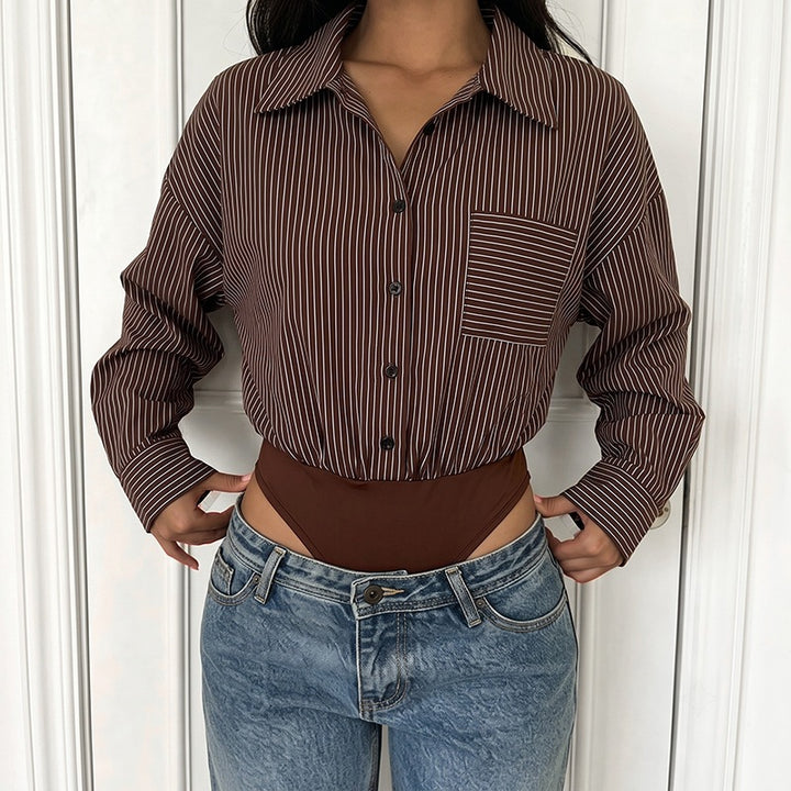 Damen Oversize-Hemdbluse aus Viskose mit feinem Nadelstreifen und Brusttasche Drune