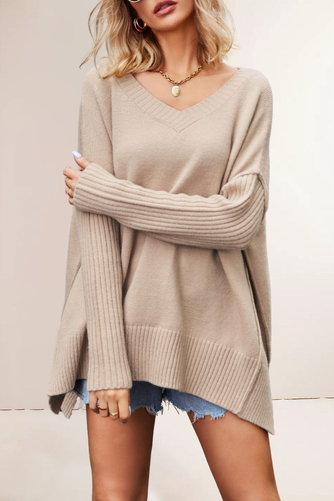Damen oversized V-Ausschnitt Pullover mit strukturierten Ärmeln Drune