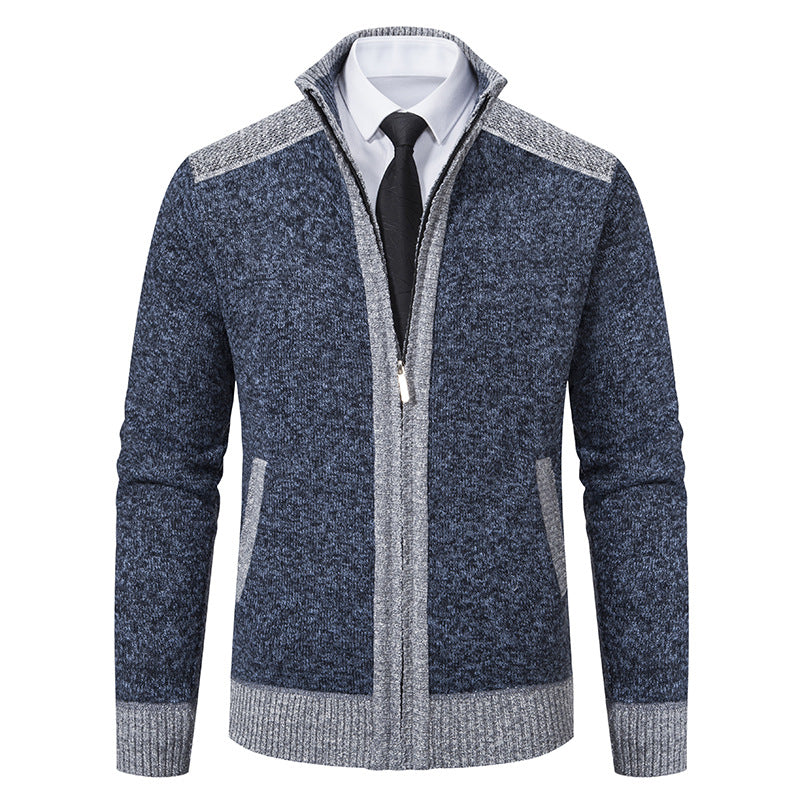 Herren Strickjacke mit Reißverschluss, Stehkragen und kontrastbesetzten Schultern Drune