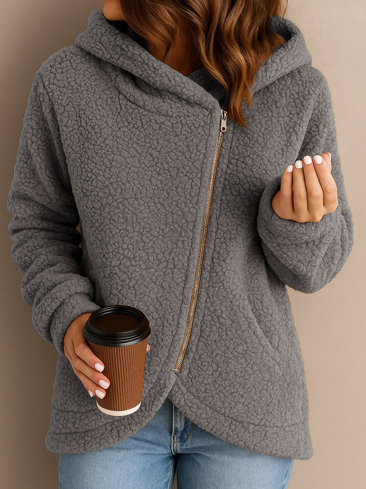 Damen Flauschige Kapuzenjacke mit asymmetrischem Reißverschluss Drune