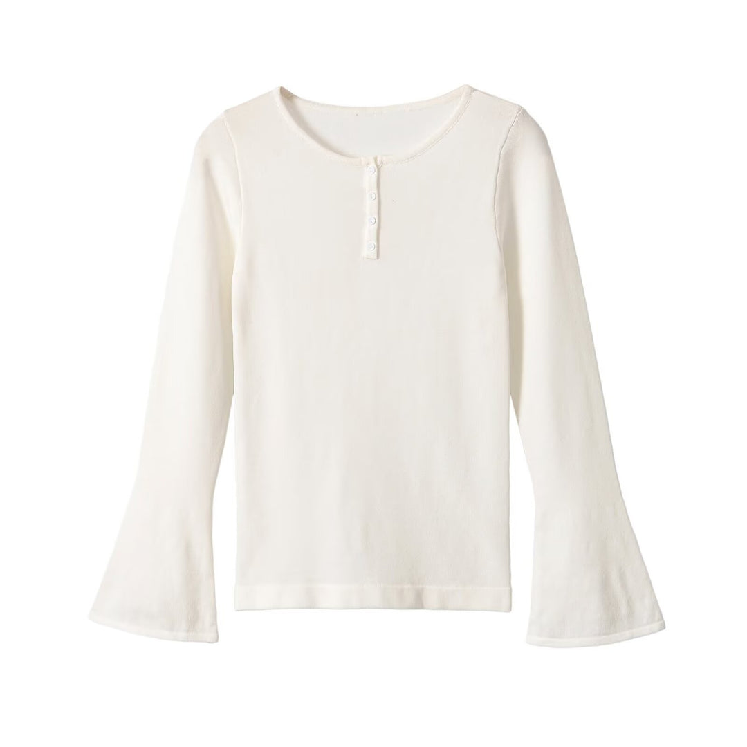 Damen Feinstrick-Longsleeve mit Henley-Knopfleiste und ausgestellten Trompetenärmeln Drune