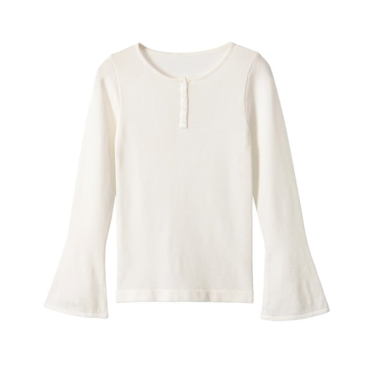Damen Feinstrick-Longsleeve mit Henley-Knopfleiste und ausgestellten Trompetenärmeln Drune