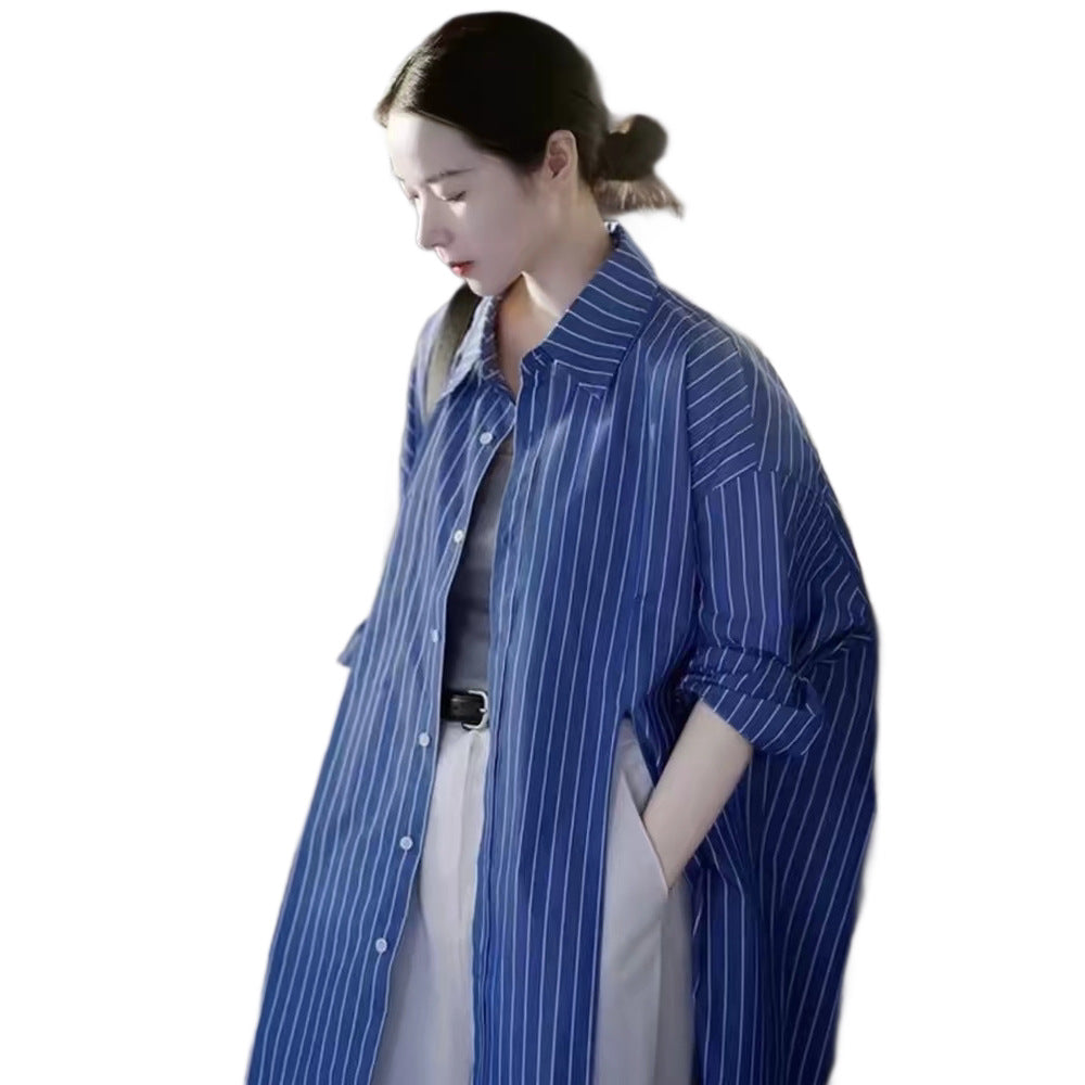 Damen Longline-Hemd mit Nadelstreifen, Oversize-Silhouette und verlängertem Saum Drune