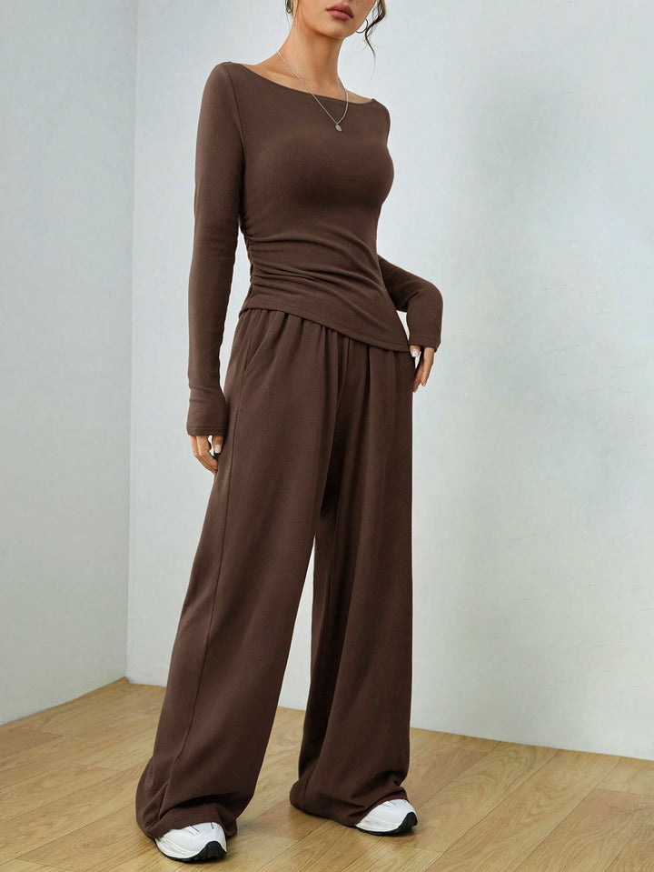 Damen Lässiges Two‑Piece Lounge‑Set mit U‑Boot‑Ausschnitt, taillierter Drapierung und weitem Palazzohose Drune