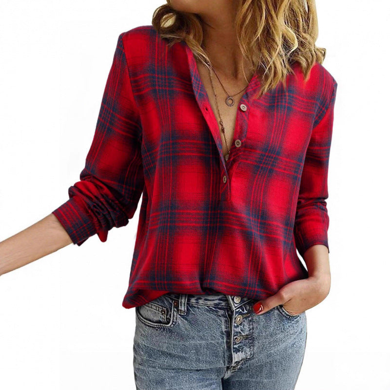 Damen Karo-Bluse im Oversize-Look mit V-Ausschnitt Knopfleiste und gerundetem Saum Drune