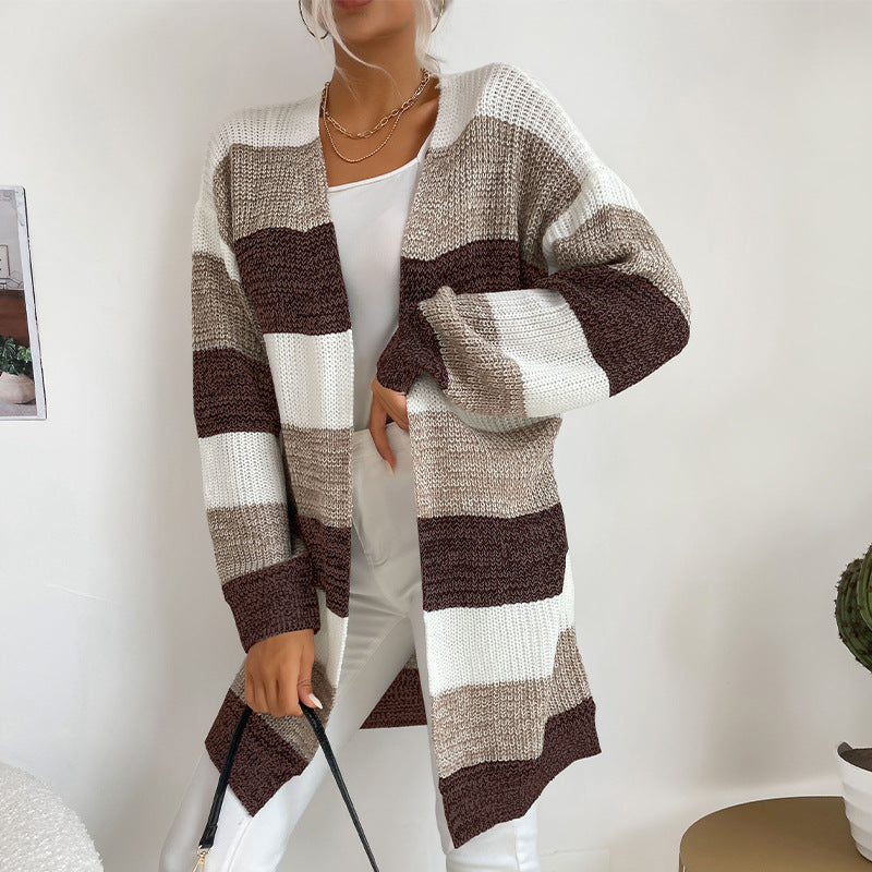 Damen Langer Oversize-Strickcardigan mit Blockstreifen und offener Front Drune