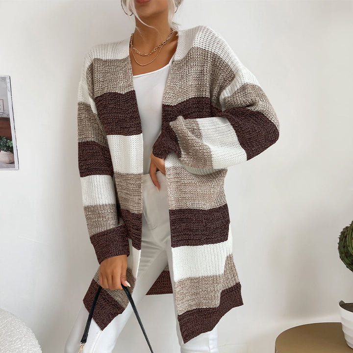 Damen Langer Oversize-Strickcardigan mit Blockstreifen und offener Front Drune