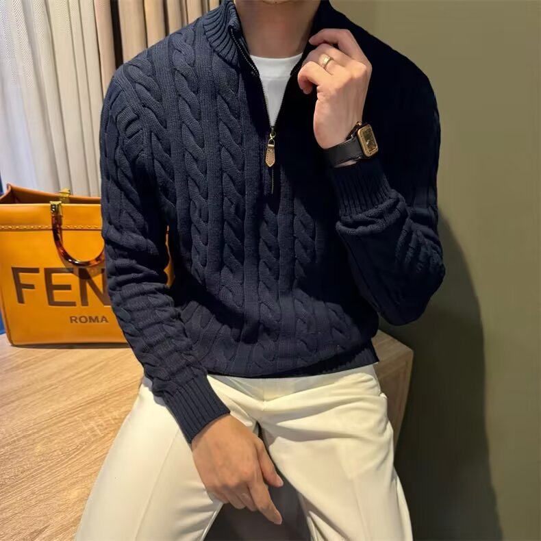 Herren Grobstrickpullover mit hohem Kragen und Reißverschluss Drune