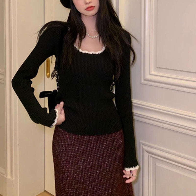 Damen Pulli mit dekorativem Wellenabschluss und feinem Rippstrick Drune