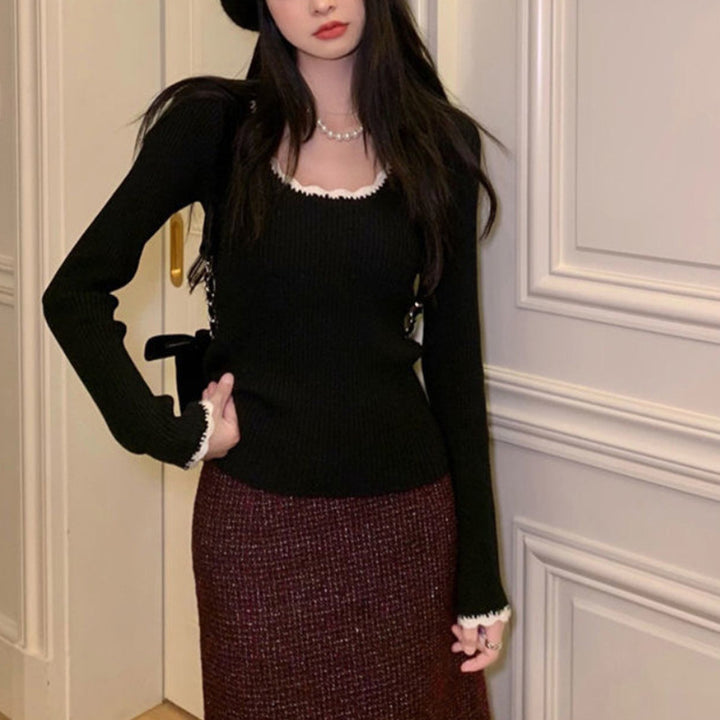 Damen Pulli mit dekorativem Wellenabschluss und feinem Rippstrick Drune
