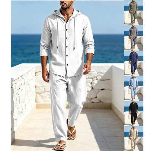 Herren Atmungsaktives Baumwoll-Gauze Loungewear-Set mit Kapuzenhemd und weiten Sommerhosen Drune