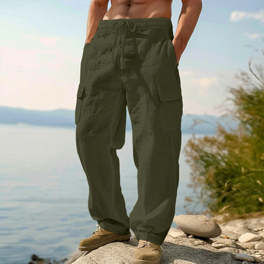 Herren weite Casual-Cargohose aus Leinen-Baumwollmix mit Elastikbund, Tunnelzug und großen Pattentaschen Drune