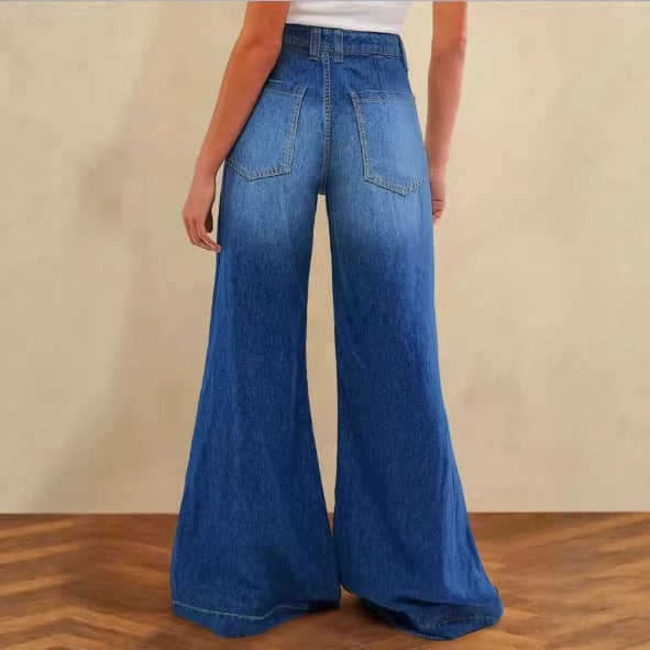 Damen High-Waist Denim-Palazzo-Hose mit fließendem Tellerfall und weitem Bein Drune