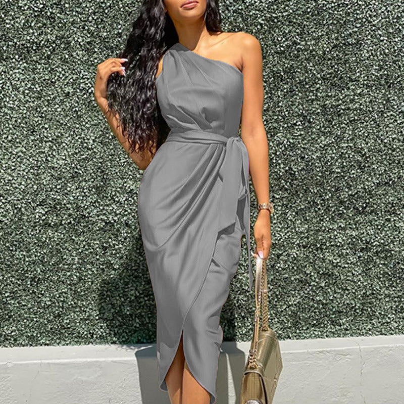 Drune | Sexy Einfarbig Asymmetrische Asymmetrischer Kragen Unregelmäßiges Kleid Kleider- 3 Farben