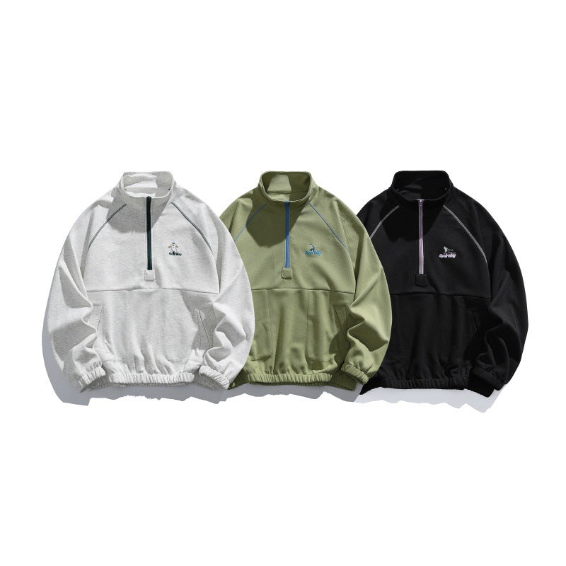 Unisex Oversize-Halbzip-Fleecepullover mit Stehkragen, Raglanärmeln und Kängurutasche Drune