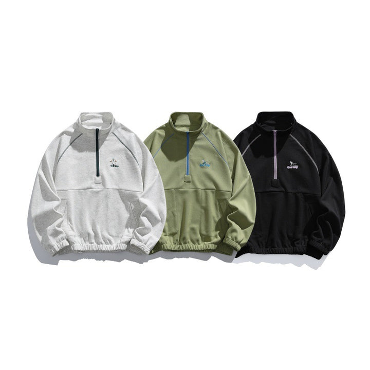 Unisex Oversize-Halbzip-Fleecepullover mit Stehkragen, Raglanärmeln und Kängurutasche Drune