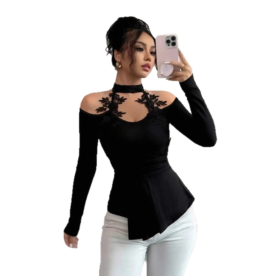 Damen nan schulterfreies Langarm-Top mit Chokerkragen, floralen Spitzenapplikationen und tailliertem Schößchen Drune
