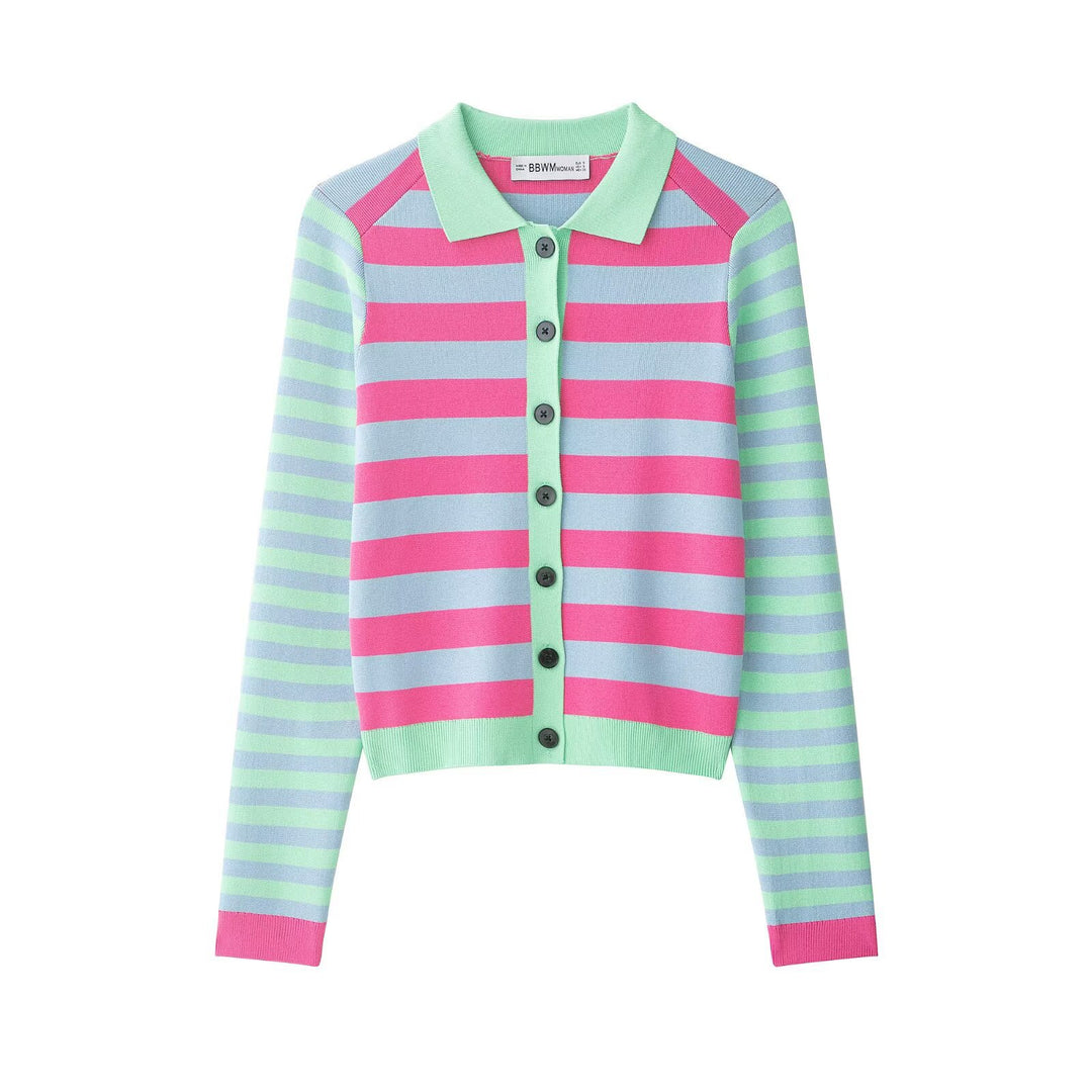 Damen Gestreifte Kurzjacke-Cardigan mit Polokragen und Knopfleiste Drune