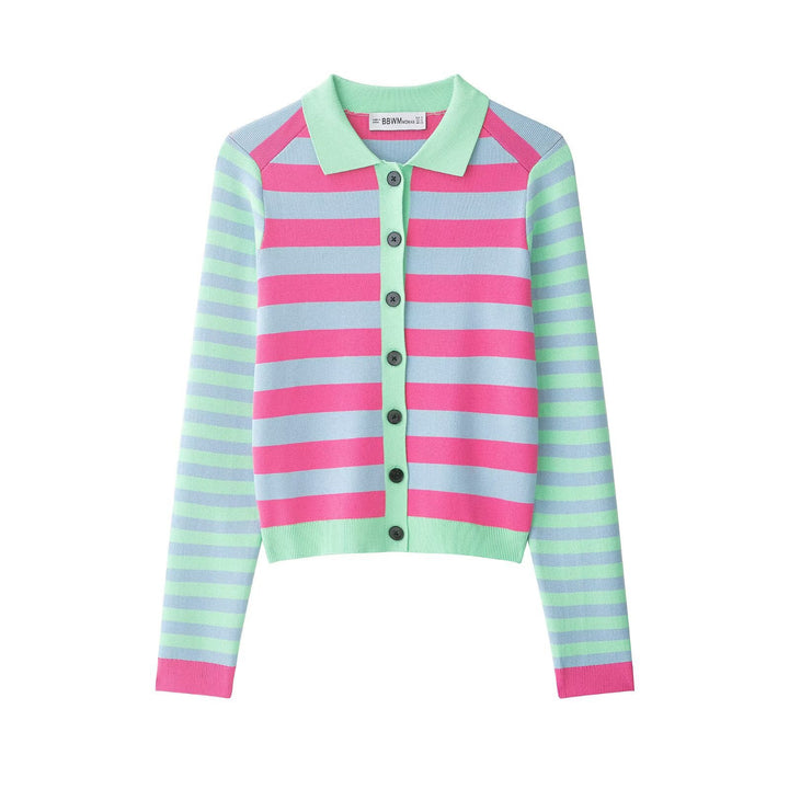 Damen Gestreifte Kurzjacke-Cardigan mit Polokragen und Knopfleiste Drune