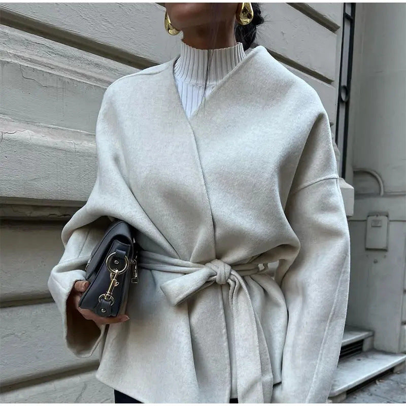Damen trendige Wickeljacke aus weichem Stoff mit Gürtel und langen Ärmeln Drune