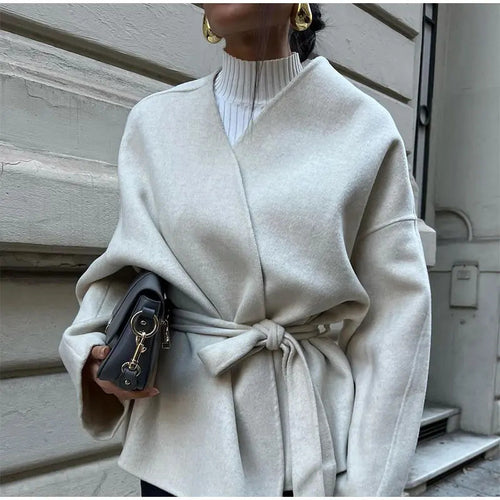 Damen trendige Wickeljacke aus weichem Stoff mit Gürtel und langen Ärmeln Drune