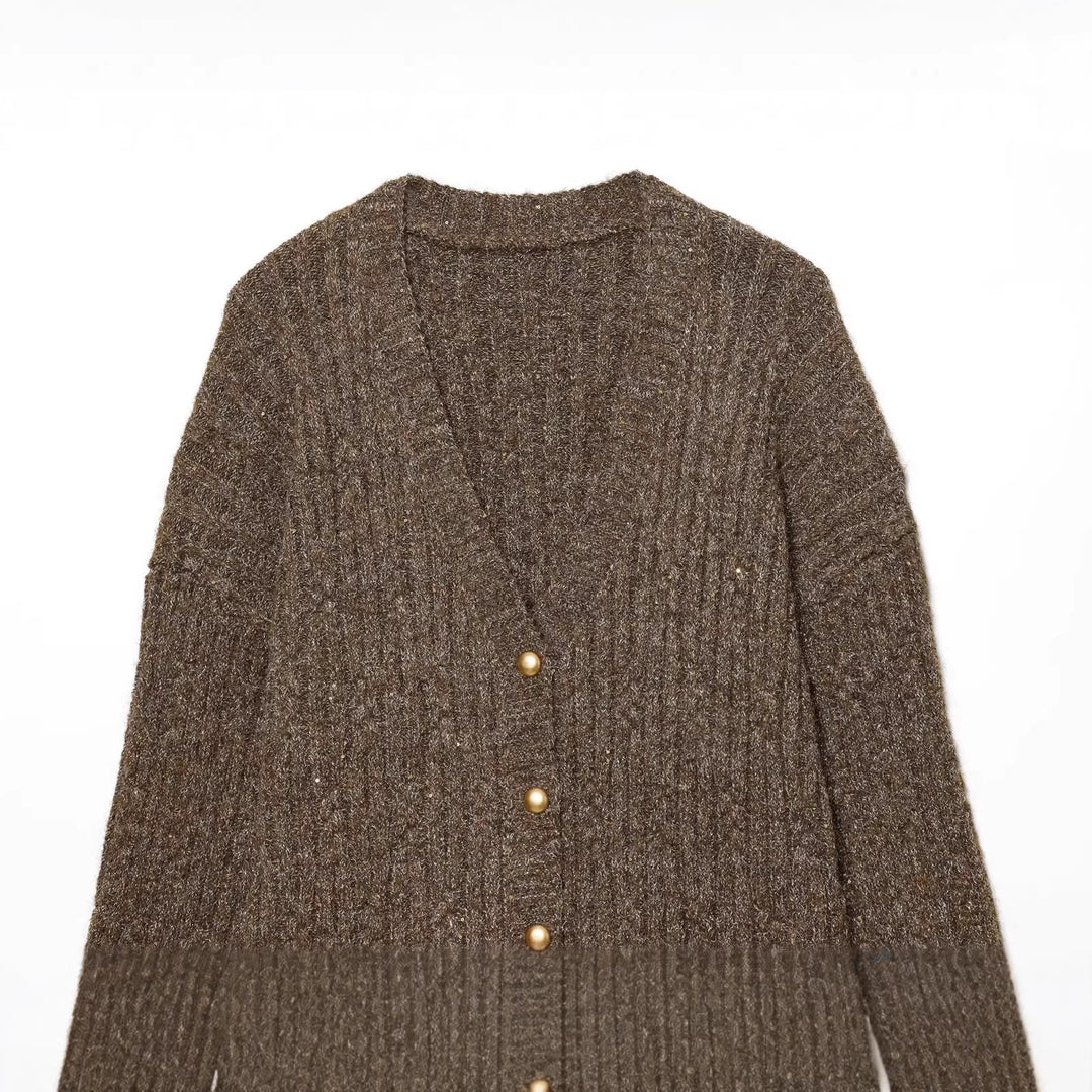 Damen Grobgestrickter V‑Neck Cardigan mit Perlmuttknöpfen und melierter Tweedoptik Drune