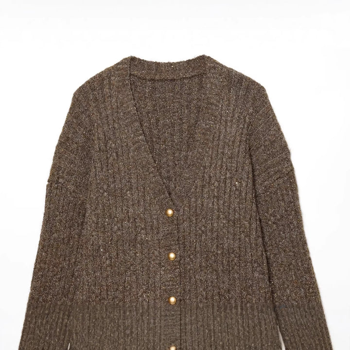 Damen Grobgestrickter V‑Neck Cardigan mit Perlmuttknöpfen und melierter Tweedoptik Drune