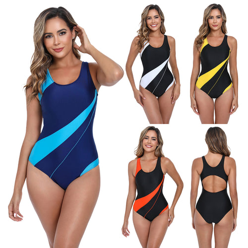 Damen Sportlicher Einteiler Badeanzug mit modernem Wellenmuster Drune