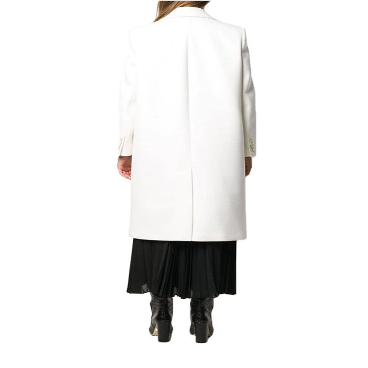 Damen Schlanker Zweireihiger Wollmix‑Longmantel mit Schalkragen, Goldknopf‑Detail und Pattentaschen Drune