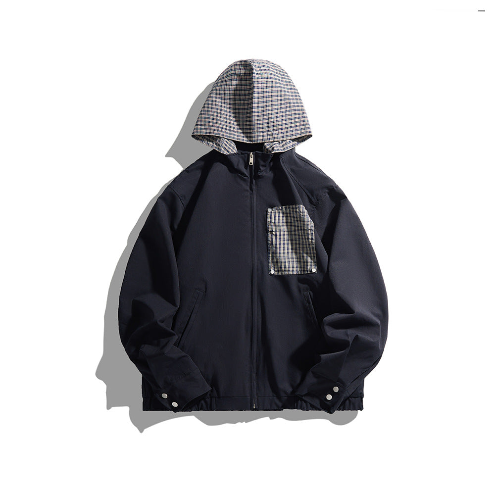 Unisex Leichte Kapuzen-Übergangsjacke mit Karopatch-Brusttasche und elastischem Saum Drune