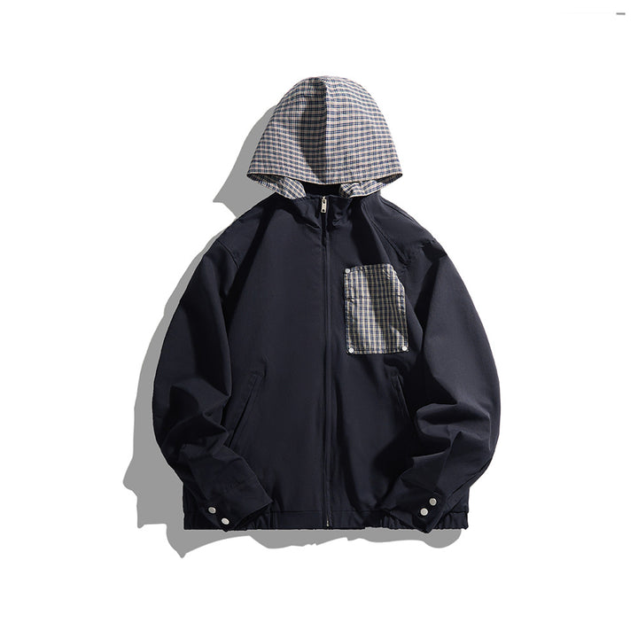 Unisex Leichte Kapuzen-Übergangsjacke mit Karopatch-Brusttasche und elastischem Saum Drune
