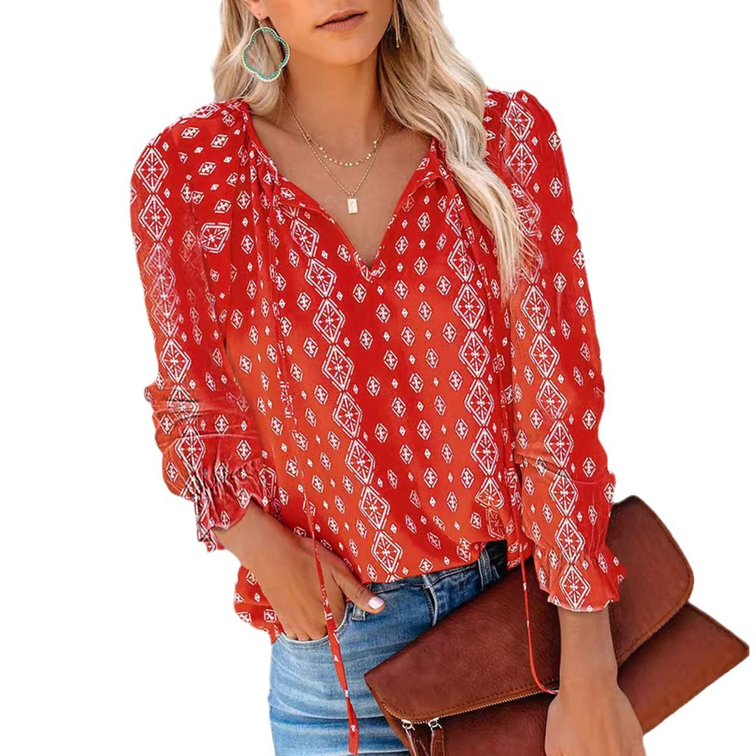Damen Bluse mit V-Ausschnitt und Rüschendetails Drune