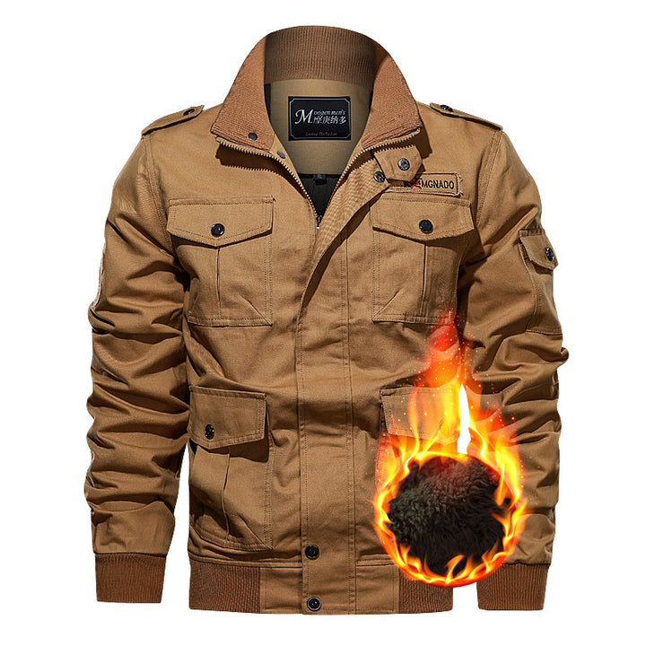 Herren nan winddichte Canvas-Militärjacke mit Teddyfutter, multiplen Klapp- und Reißverschlusstaschen sowie geripptem Saum Drune
