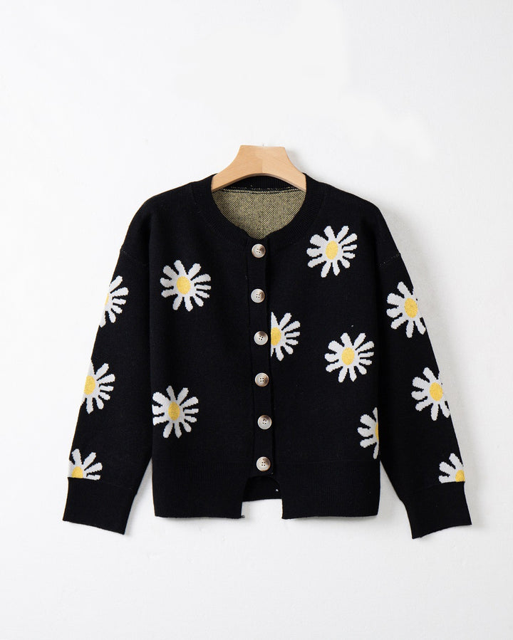 Damen modische Strickjacke mit floralem Muster und kurzen Ärmeln Drune