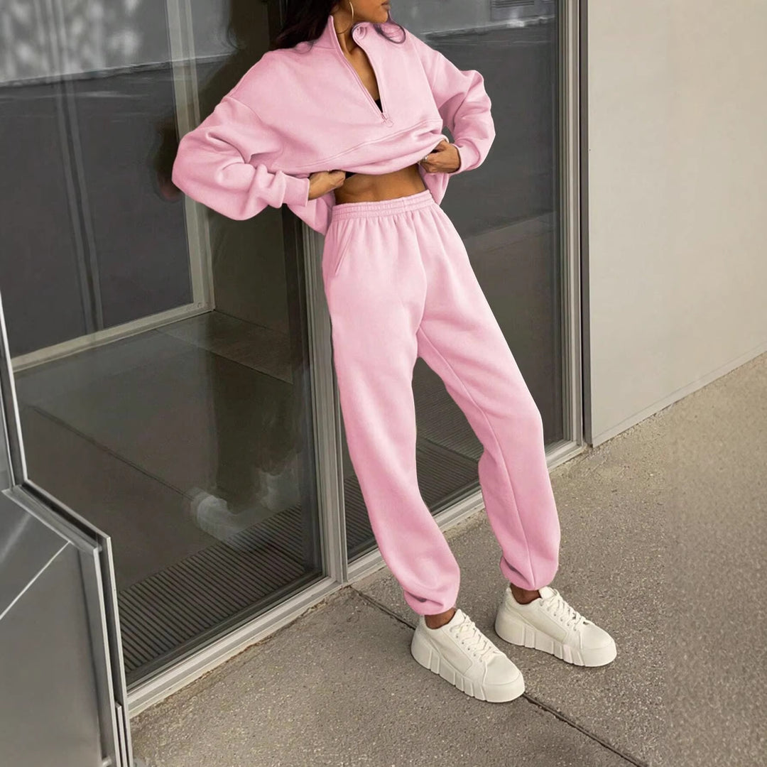 Damen Oversize Sweat-Set mit halbem Reißverschluss, Stehkragen und lässiger Jogginghose Drune