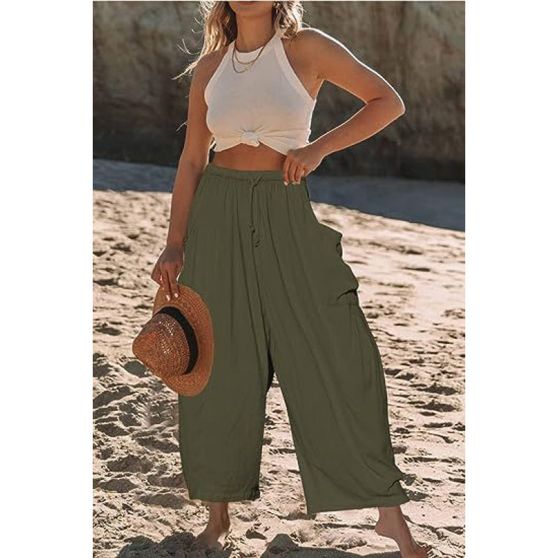 Damen weite und bequeme Sommerhose mit elastischem Bund und praktischen Taschen Drune