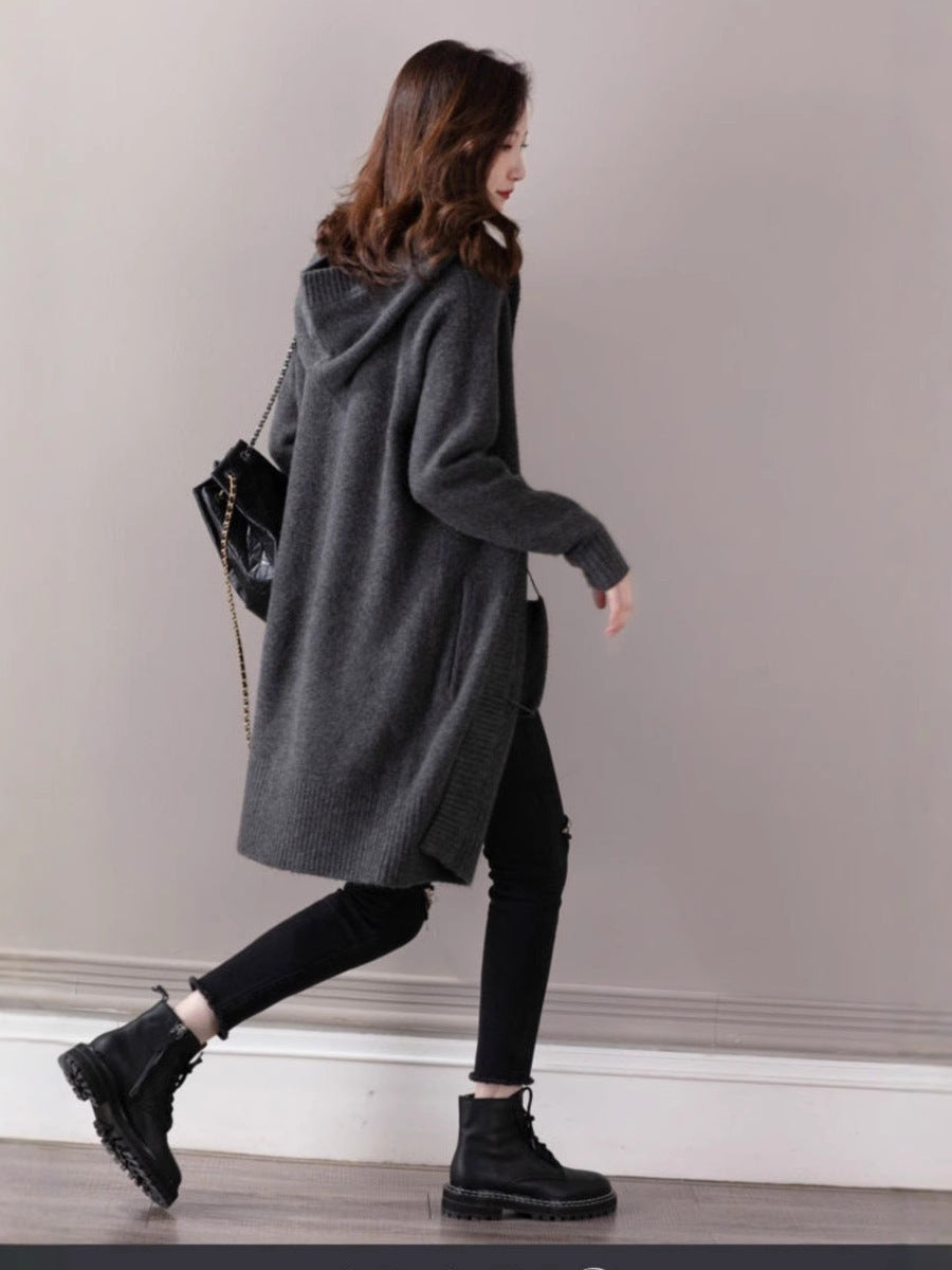 Damen Oversize Kapuzencardigan im Kaschmir‑Look mit offenem Fall und breiter Rippe Drune