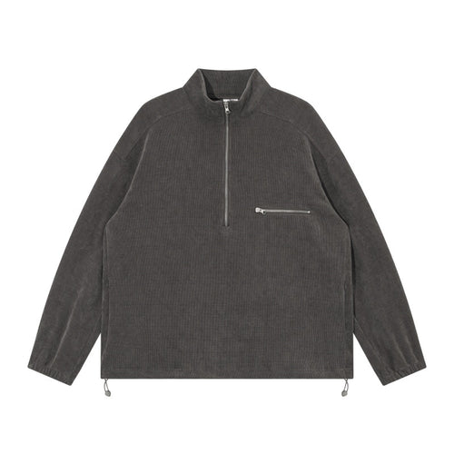 Unisex Oversize Halbzip-Pullover aus Cord‑Mix mit Brust-Reißverschlusstasche und Kordelzugsaum Drune