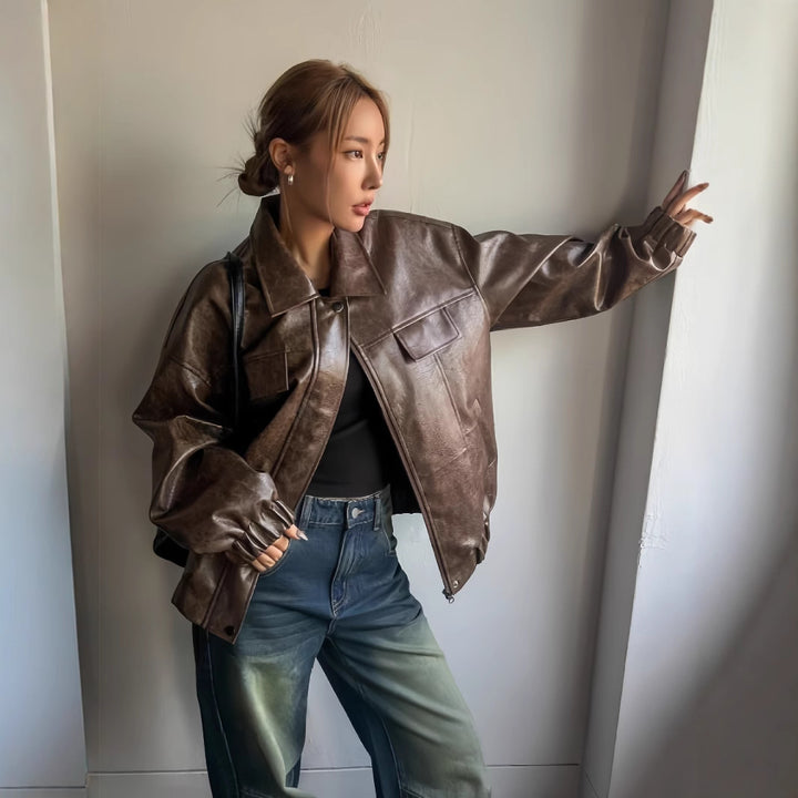 Damen Lässige oversized Kunstlederjacke mit praktischen Taschen Drune