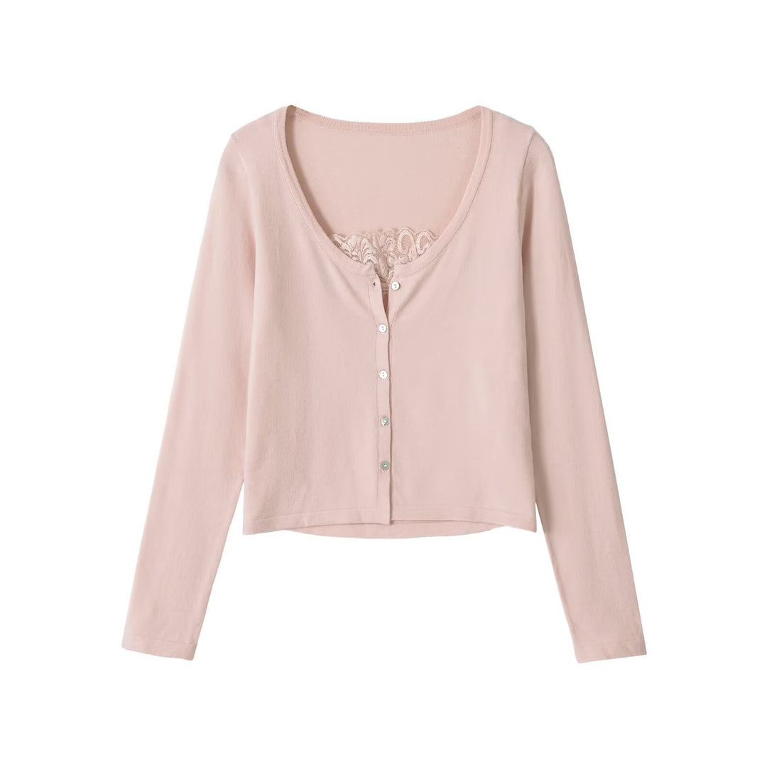Damen Feinstrick-Cardigan mit Spitzen-Einsatz und durchgehender Knopfleiste Drune