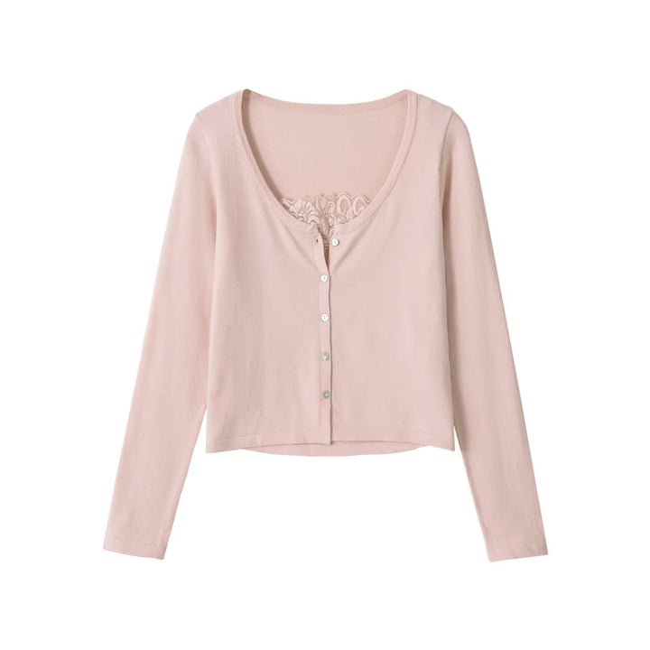 Damen Feinstrick-Cardigan mit Spitzen-Einsatz und durchgehender Knopfleiste Drune
