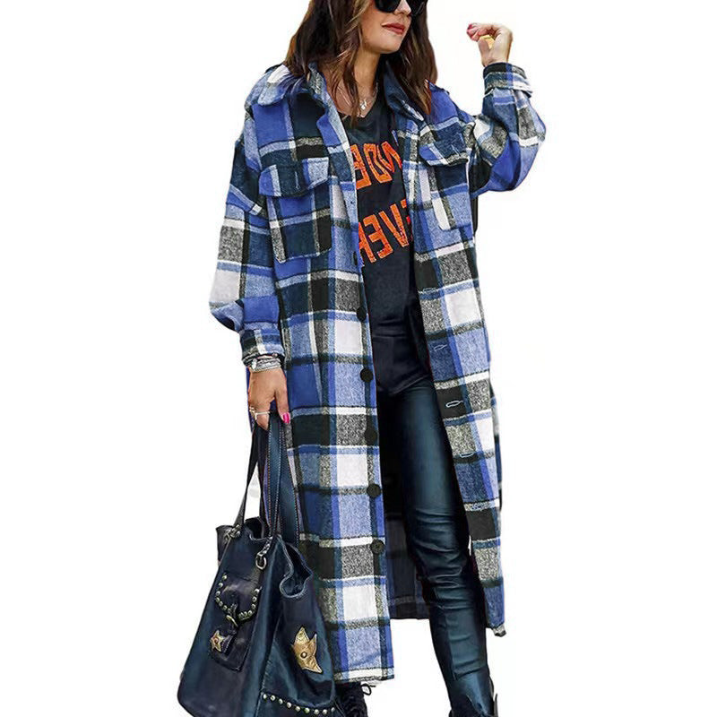 Damen Langarm-Wolljacke mit Karomuster und praktischen Taschen Drune