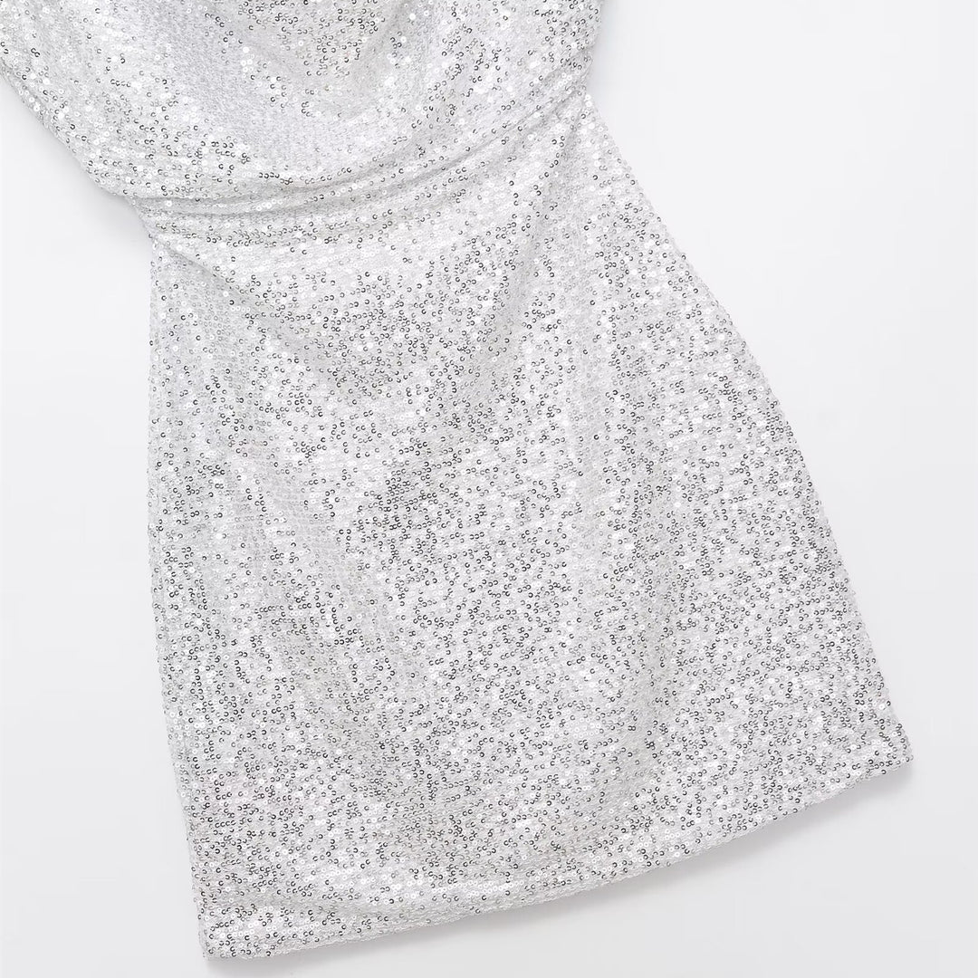 Damen kurzärmeliges Abendkleid mit schimmerndem Paillettenbesatz Drune