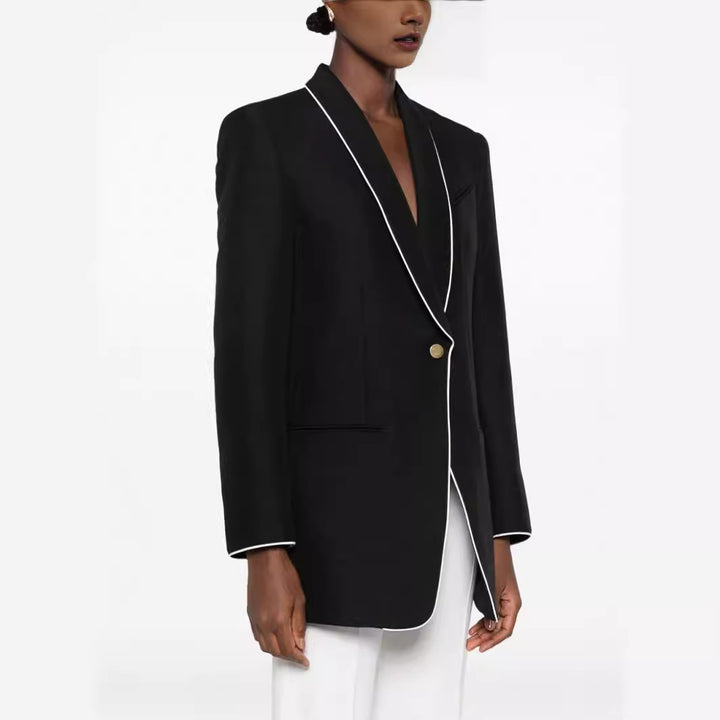 Damen Oversize-Blazer im Smokingstil mit kontrastierender Paspelierung und Ein-Knopf-Front Drune
