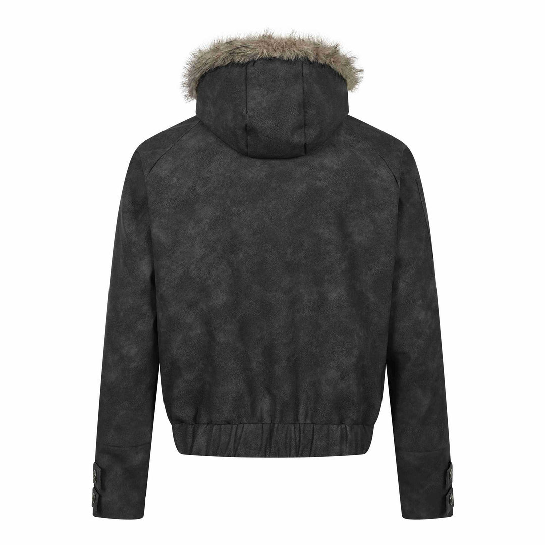 Herren Kurz geschnittener Suede‑Look Bomber mit Kapuze, Kunstfellbesatz und Statement‑Print Drune