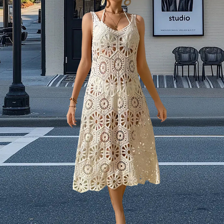 Damen Häkel-Maxikleid mit floralen Motiven und zarten Details Drune