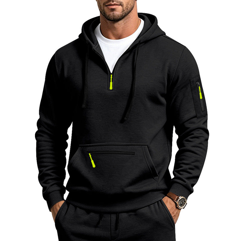 Herren Kapuzensweatshirt mit halbem Reißverschluss und Utility-Ärmeltasche Drune