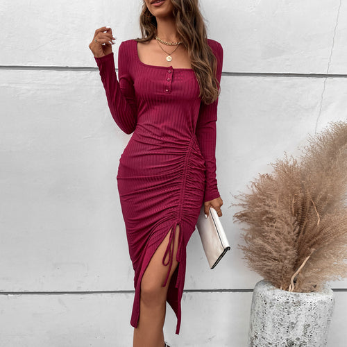 Damen gerafftes Midikleid mit quadratischem Ausschnitt, Knopfleiste und seitlicher Tunnelzug-Schnürung Drune