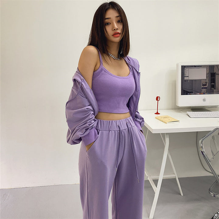 Damen modisches Drei-Teiliges Set mit cropped Hoodie, Tanktop und weiten Hosen Drune