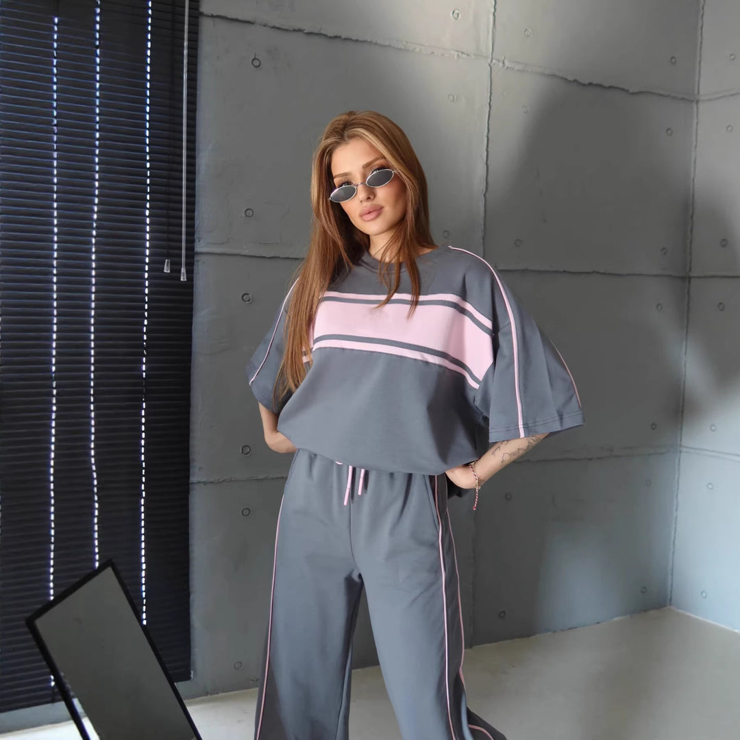 Damen stylisches Sportanzug-Set mit weitem Schnitt und kontrastierenden Streifen